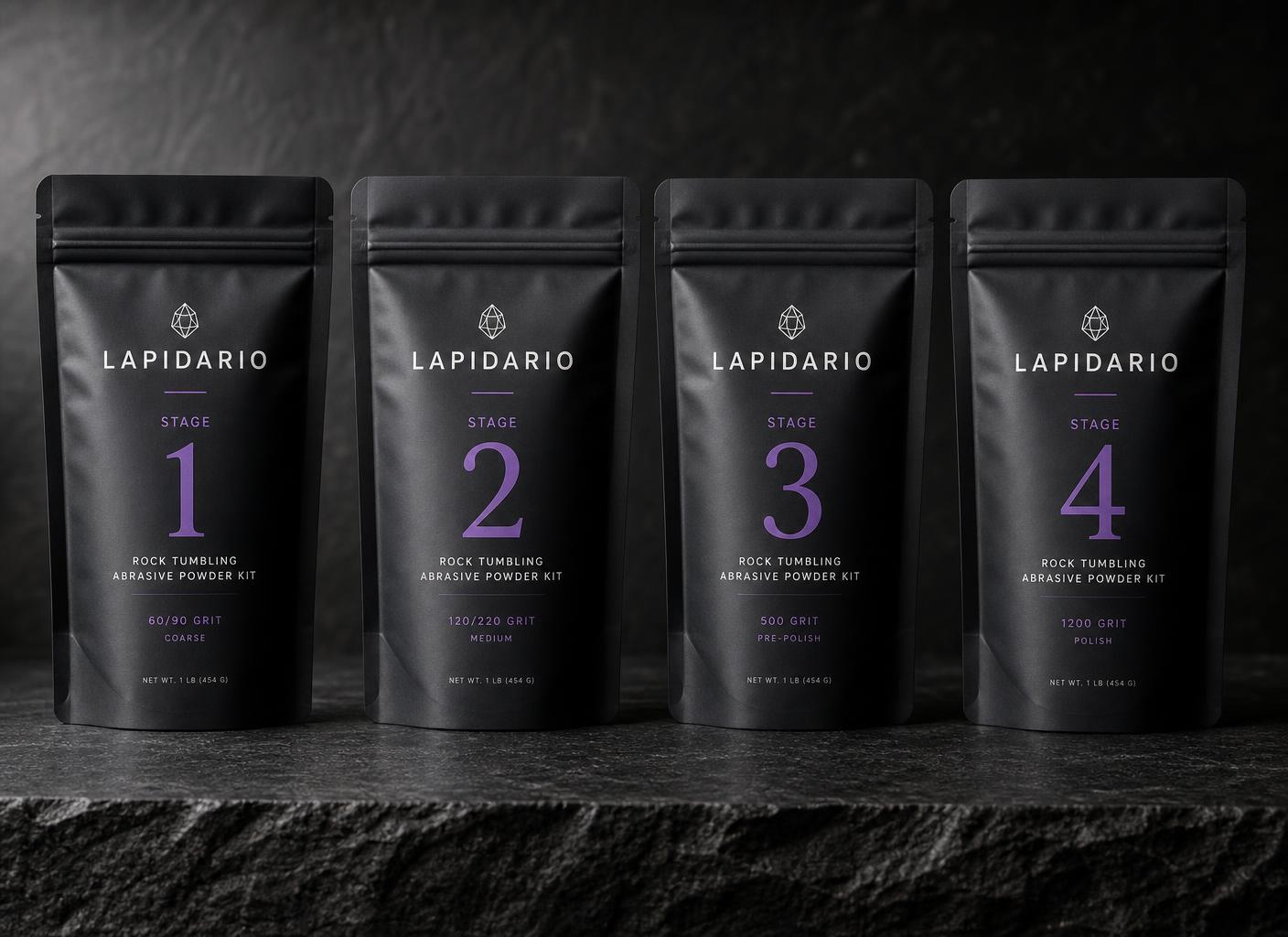 Lapidario Stage 1 to Stage 4 resealable abrasive pouches on dark slate